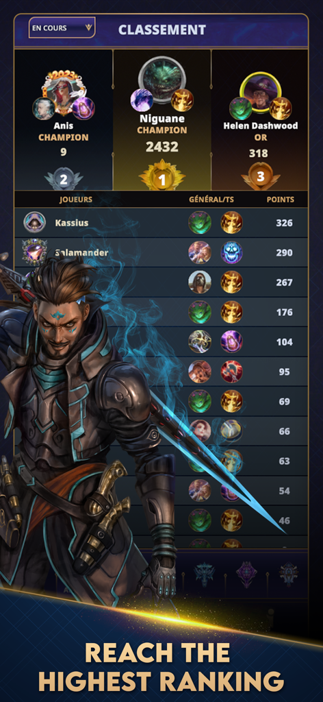 Cross The Ages: TCG - Cross The Ages TCG global leaderboard screen showing player rankings and points with a competitive fantasy character