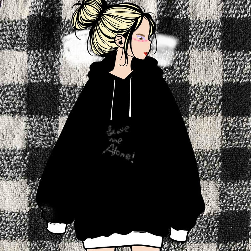realistic girl with a oversized sweatshirt on and a bun