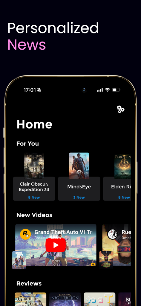 Area X - Trophies, Gaming News - Area X app home screen showing personalized gaming news video trailers and game reviews