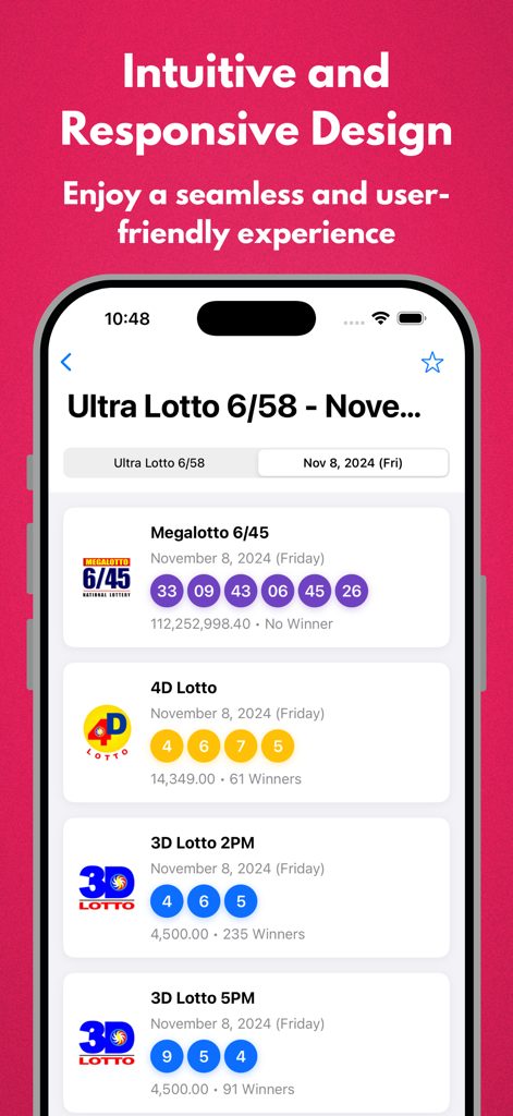 Interface of the PCSO Lotto Results app showing winning numbers for Megalotto 4D and 3D lotto games