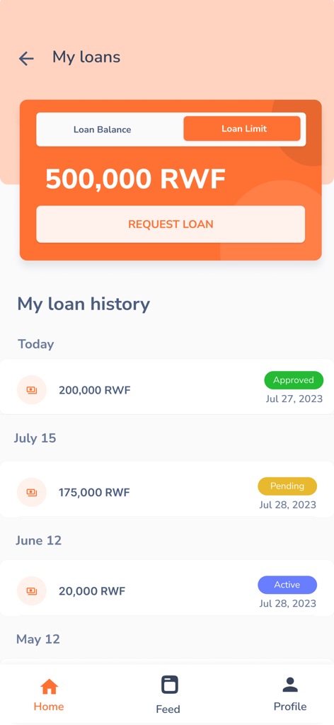 Huza HR - Huza HR mobile app screen showing salary advance limit and loan transaction history