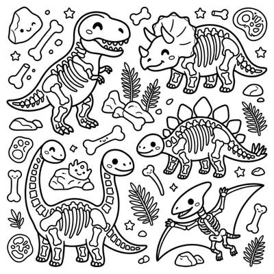 Embark on a delightful journey back to the prehistoric era with this charming Kawaii Dinosaur Skeletons coloring page. Bring these adorable fossilized friends to life with your favorite colors and create a masterpiece of cute paleontological wonder.
