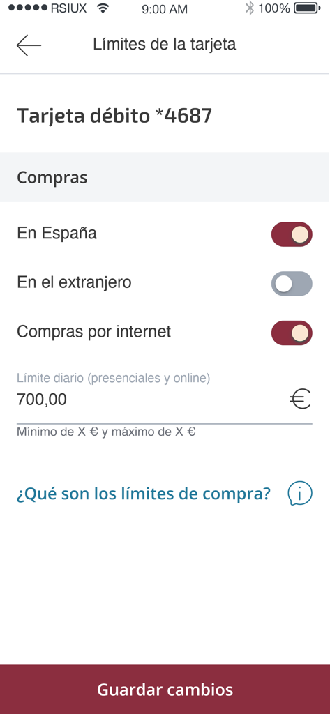 Renta 4 Pay - Pantalla de la aplicación móvil Renta 4 Pay para gestionar los límites de gasto y las opciones de uso de la tarjeta de débito