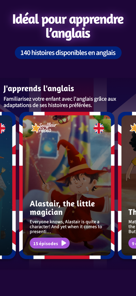 Souffleur de Rêves - Interface of the Souffleur de Rêves app displaying English audio stories for children to learn a second language.