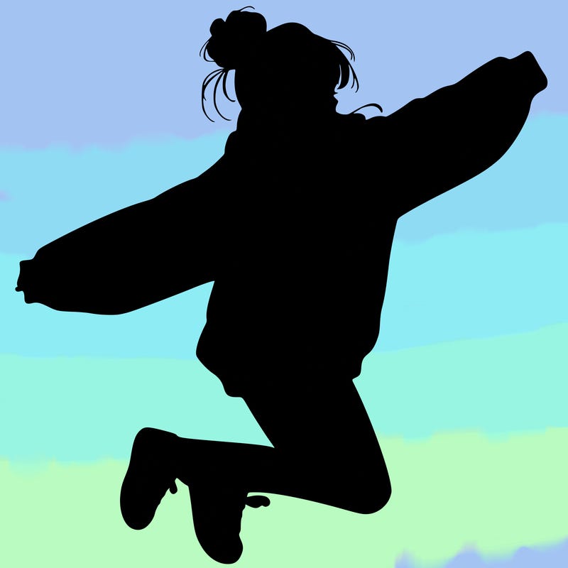realistic girl jumping with a bun and oversized sweatshirt