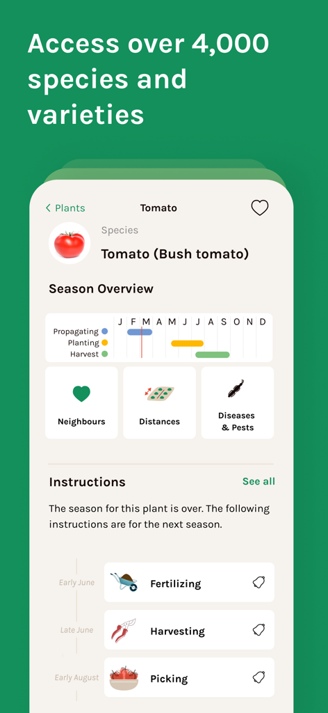 Garden Planner by Fryd - Frydアプリの詳細な植物概要で、トマトの栽培シーズンとケア手順を表示