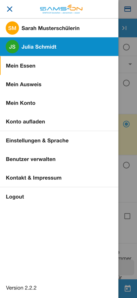 Barra lateral de la aplicación SAMS-ON que muestra la gestión de cuentas de usuario y el menú de navegación