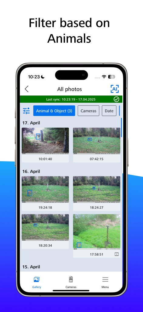ZEISS Secacam - Interface de l'application mobile ZEISS Secacam montrant une galerie de photos filtrée par détection d'animaux avec des boîtes de délimitation autour de la faune.