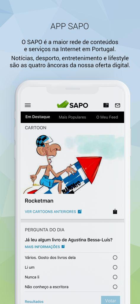 SAPO mobile app showing featured news and a cartoon section