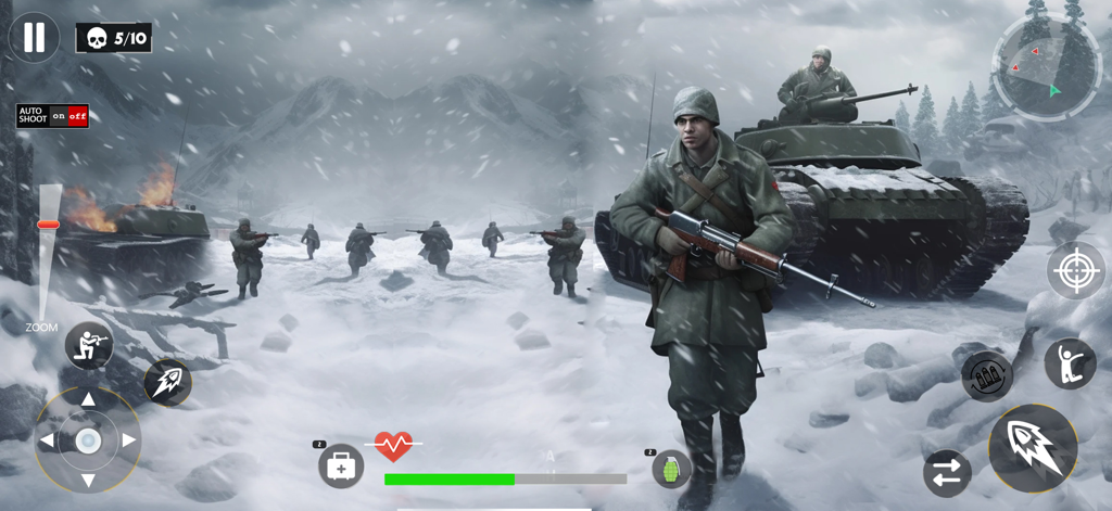 WW2 Shooter Heroes Fire War - Mobile game screenshot showing a World War 2 soldier with a rifle and a tank on a snowy battlefield with on-screen controls.