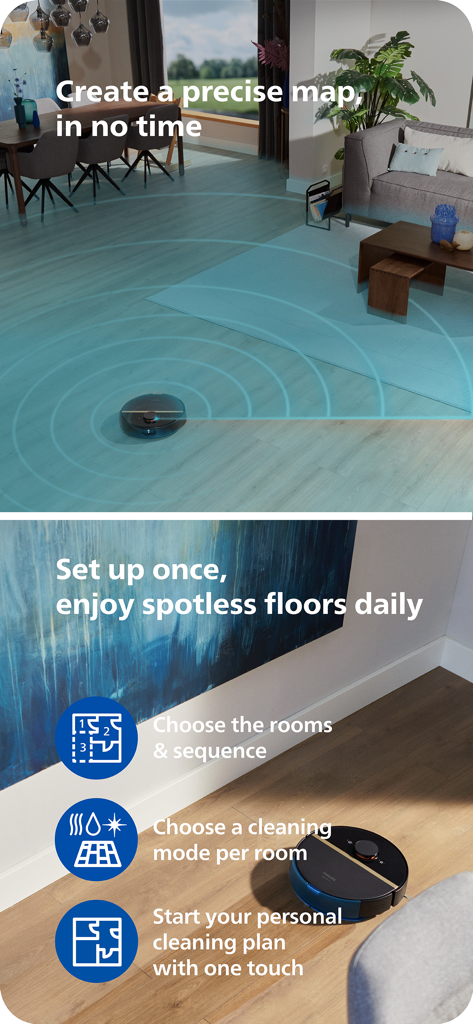 Philips HomeRun Robot App - Philips HomeRun robot vacuum mapping a living room and cleaning a wooden floor with app feature highlights