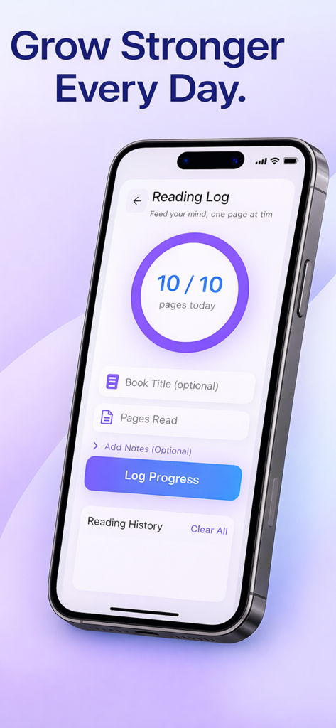 75 Soft Challenge Tracker App - Reading log interface of the 75 Soft Challenge app showing a completed daily reading goal of 10 pages