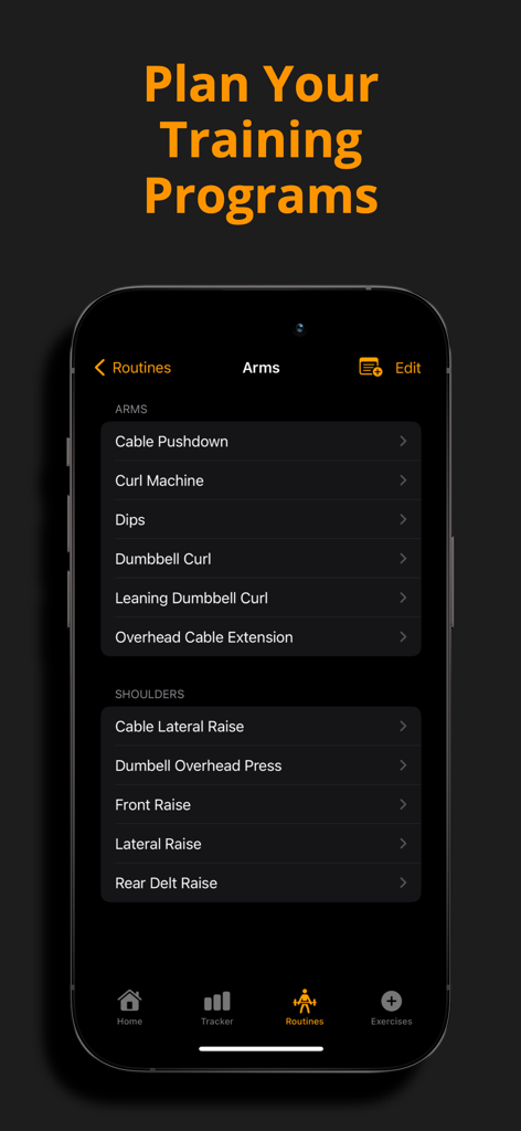 Gym Tracker Pro - Workout Log - Gym Tracker Pro app interface showing a custom training routine for arms and shoulders