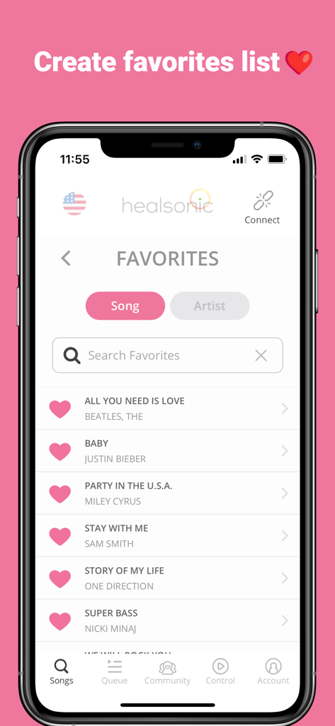 healsonic app favorites screen showing a list of saved karaoke songs on an iphone