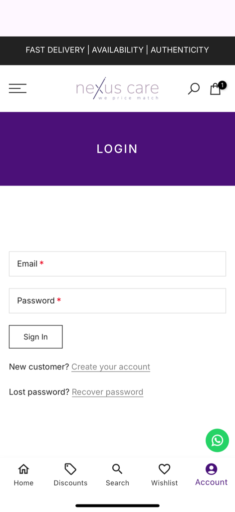 Nexus Care Beauty - Pantalla de inicio de sesión de la aplicación Nexus Care Beauty con campos de correo electrónico y contraseña