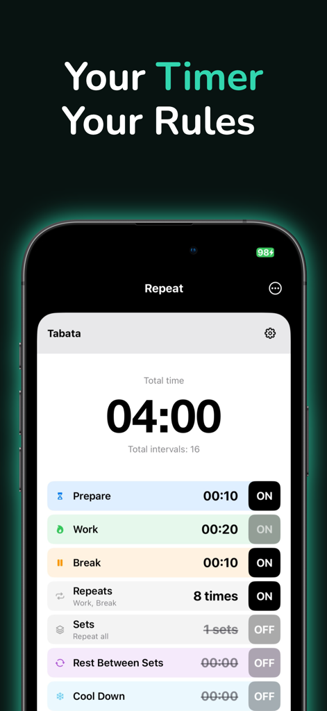 Timer for Workouts - Repeat - Um smartphone móvel exibindo a interface do aplicativo Repeat com uma configuração personalizada de temporizador de treino Tabata