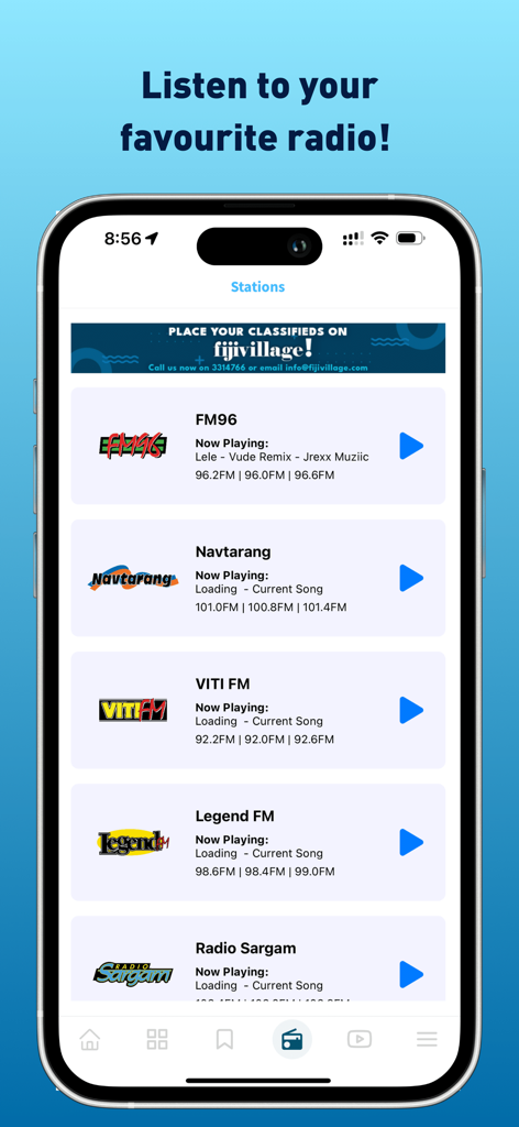 Fijivillage - Lista de estaciones de radio de Fiji en la aplicación Fijivillage, incluyendo FM96, Navtarang y Viti FM.