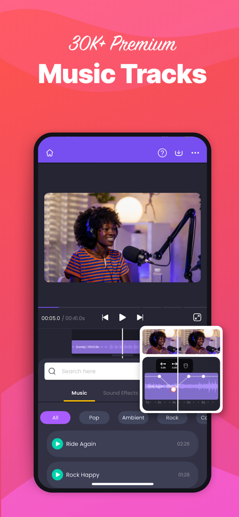 Animaker app interface showcasing its extensive library of premium music tracks for animation and video creation