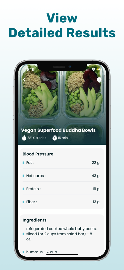 KeepHeart: Pulse Tracker - Nutritional breakdown and ingredients for a vegan superfood buddha bowl in the KeepHeart app.