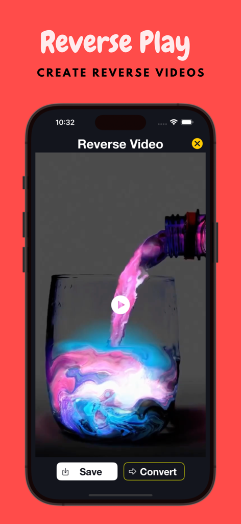Live Photo Convert - Interfaz de la aplicación Live Photo Convert que muestra la reproducción inversa de un vídeo de líquido de colores vertiéndose en un vaso en la pantalla de un iPhone.