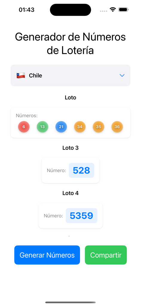 Numeros de loteria - Pantalla principal del generador de números de lotería con opciones para Chile mostrando combinaciones de Loto Loto 3 y Loto 4