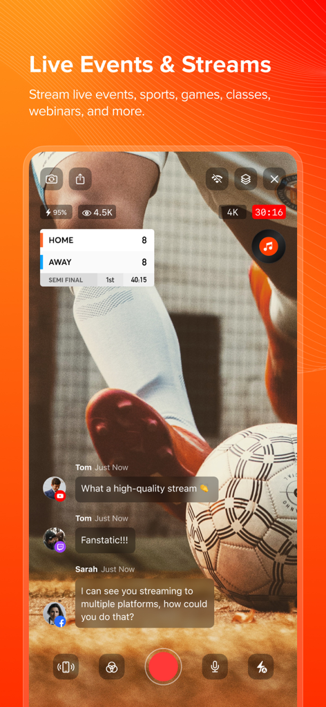 Live Now - Live Stream - A mobile interface for live streaming sports with an integrated scoreboard and real-time viewer chat