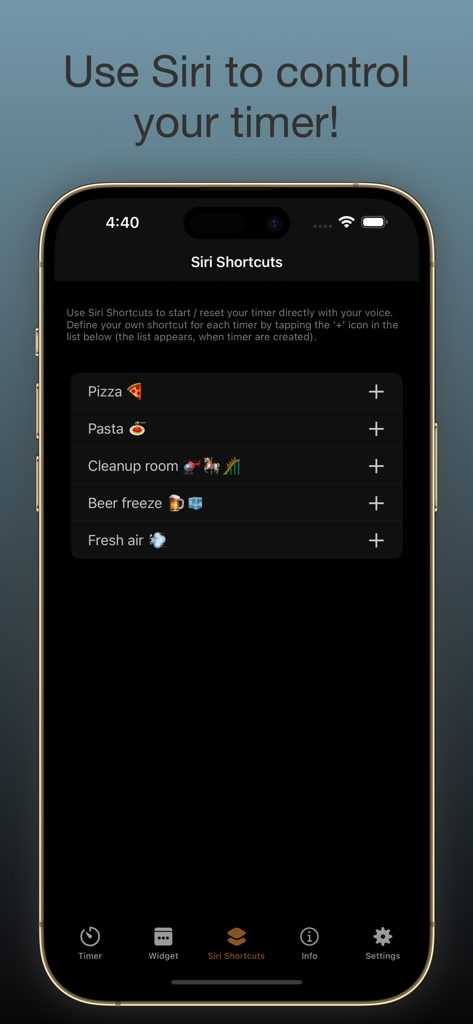 timer. - Multi Countdown Timer - Siri Shortcuts setup screen in the timer app showing custom countdowns for pizza and pasta.