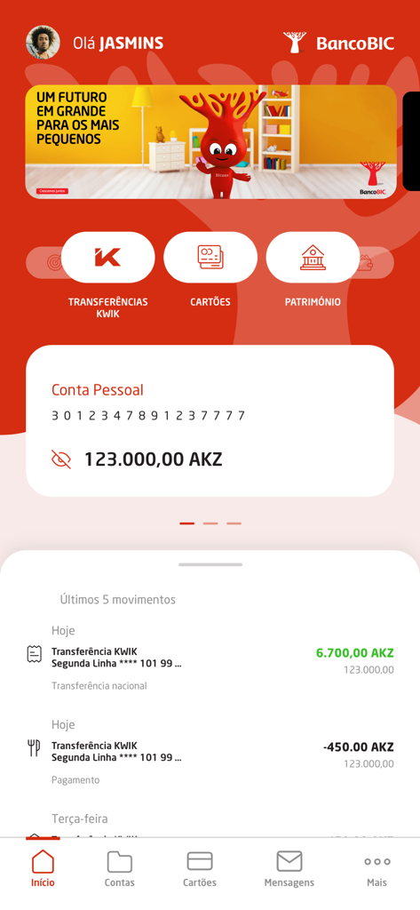 Panel de control de la aplicación de banca móvil BIC que muestra el saldo de la cuenta personal en AKZ y las transacciones recientes