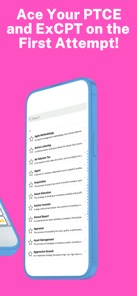 Pharmacy Technician Mastery - Pharmacy Technician Mastery app displaying an alphabetical glossary of study terms for certification exams.