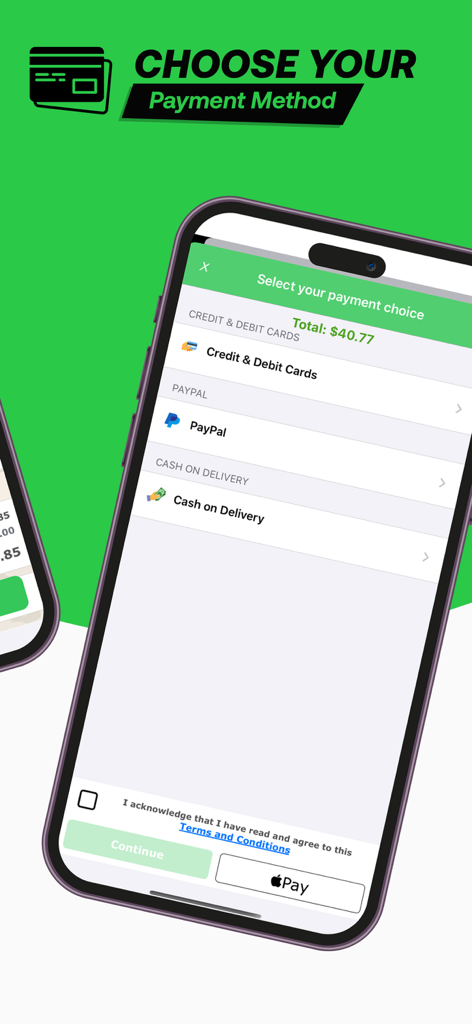 Tela do aplicativo móvel OZFOODHUNTER para escolha de método de pagamento com opções de PayPal, Apple Pay e cartões de crédito
