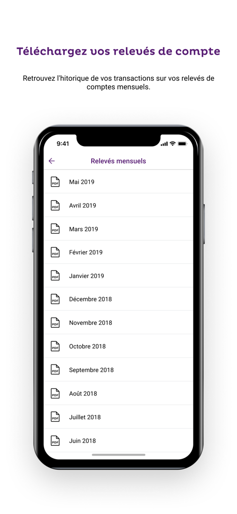 Banxy app interface showing a list of monthly bank statements in PDF format for easy download.
