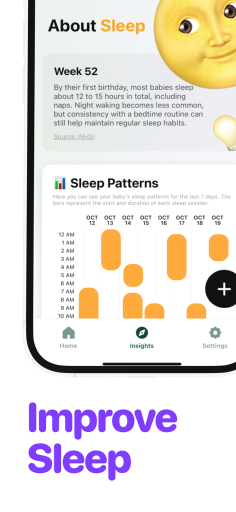 MyBaby Milestones app screenshot showing a baby sleep patterns graph and tracking insights