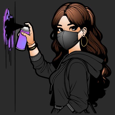 realistic girl with mask spray painting a wall