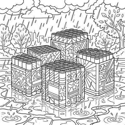 Discover a captivating coloring page featuring beautifully detailed firework cakes nestled in a peaceful rainy day setting. This unique design offers a relaxing escape, blending the excitement of fireworks with the calming ambiance of a downpour.