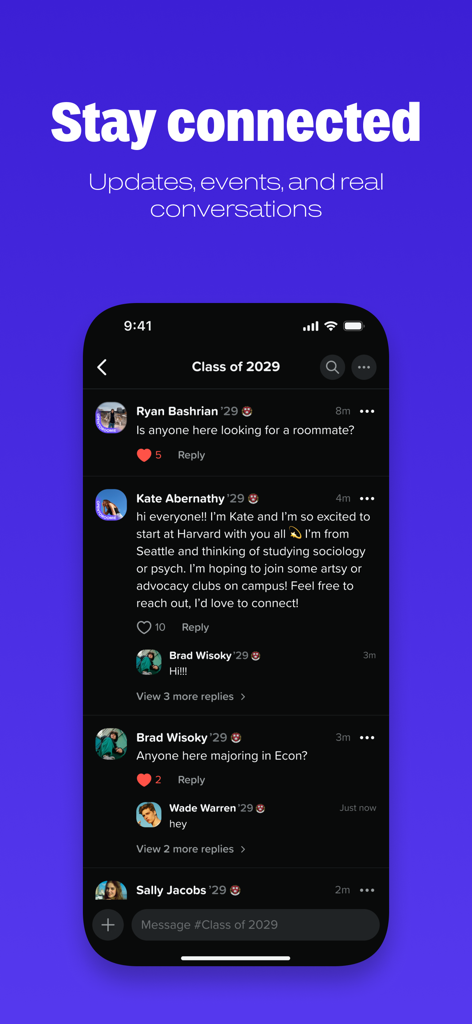 IGOTIN - Uma captura de tela do aplicativo IGOTIN mostrando um chat de estudantes para a turma de 2029 onde os usuários estão fazendo networking e procurando colegas de quarto.