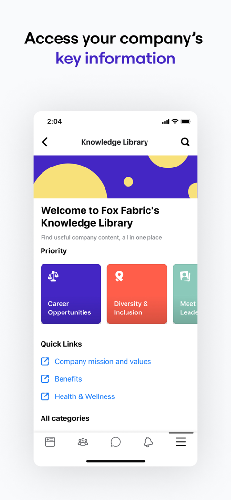 Workplace from Meta - Workplace from Meta app screenshot showing the Knowledge Library with company information, career opportunities and employee benefits.