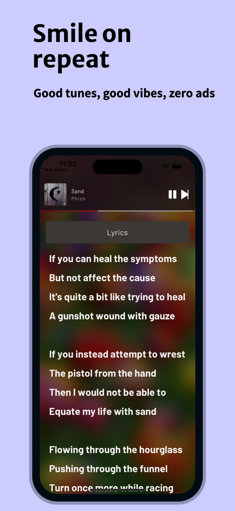 Radio Paradise - Interfaz de la aplicación Radio Paradise que muestra la letra de la canción y promueve una experiencia musical sin publicidad