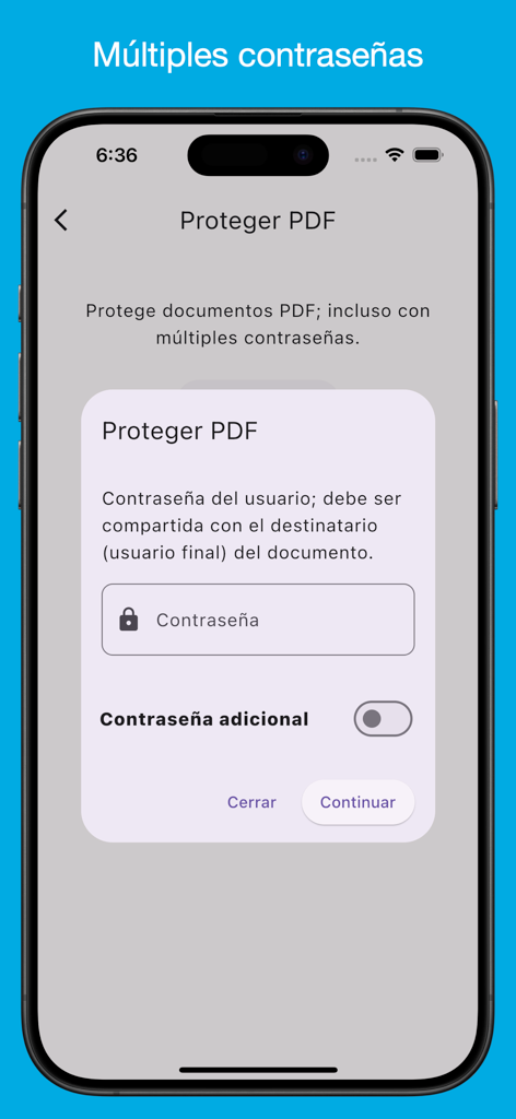 PDF Only - Editor de PDF - Interface of the PDF Only app showing the protect PDF feature with multiple password options