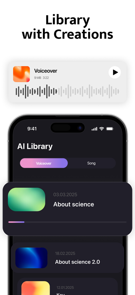 Eleven Labs: AI Music & Songs - A mobile app interface showing a saved library of AI-generated voiceovers and songs with play buttons and audio waveforms.