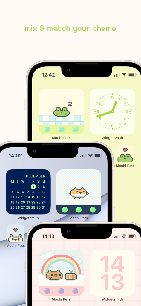Mochi Pets - Cute Pet Widget - Tres iPhones que muestran temas personalizados de pantalla de inicio estética con widgets de mascotas de arte pixelado