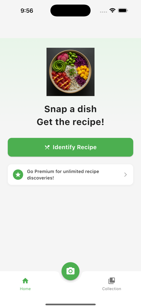 AI Food Recipe Identifier - Écran d'accueil de l'application Identificateur de Recettes Alimentaires par IA avec une image colorée de poke bowl et un bouton pour identifier une recette