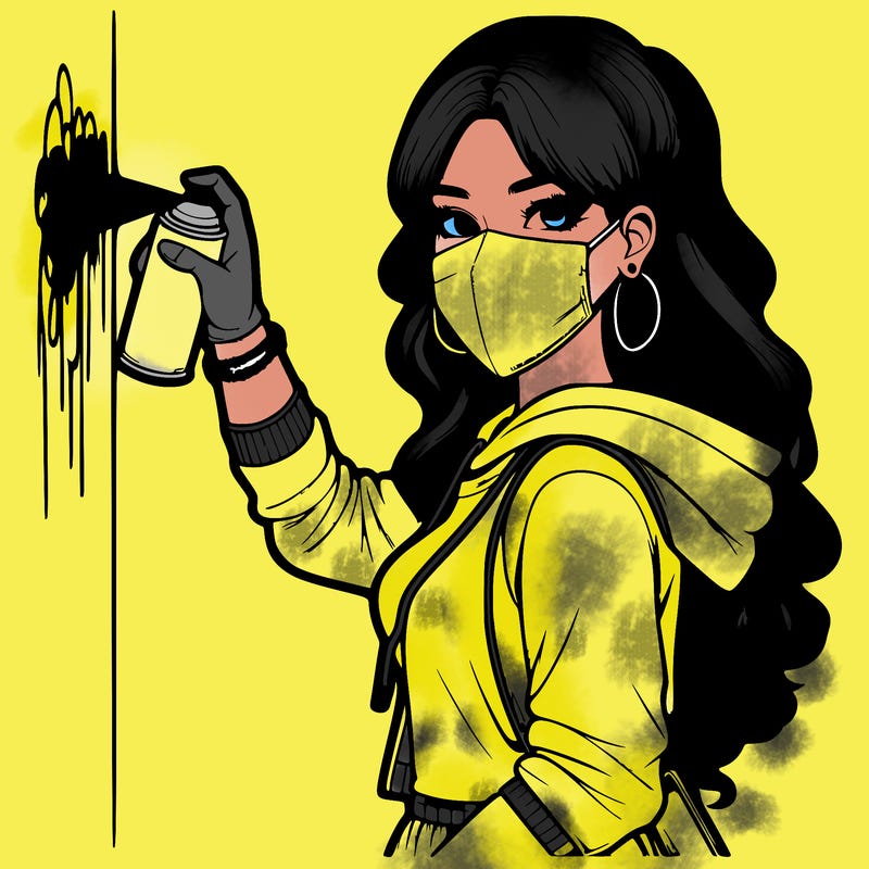 realistic girl with mask spray painting a wall