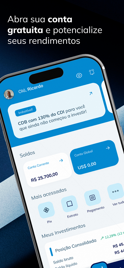 Daycoval - Daycoval Banking App-Bildschirm mit Kontoständen und Anlagemöglichkeiten