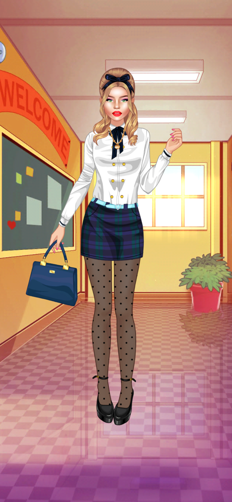 Dress Up Games: Fashion Girl - A fashion doll dressed in a preppy high school outfit with a blue handbag
