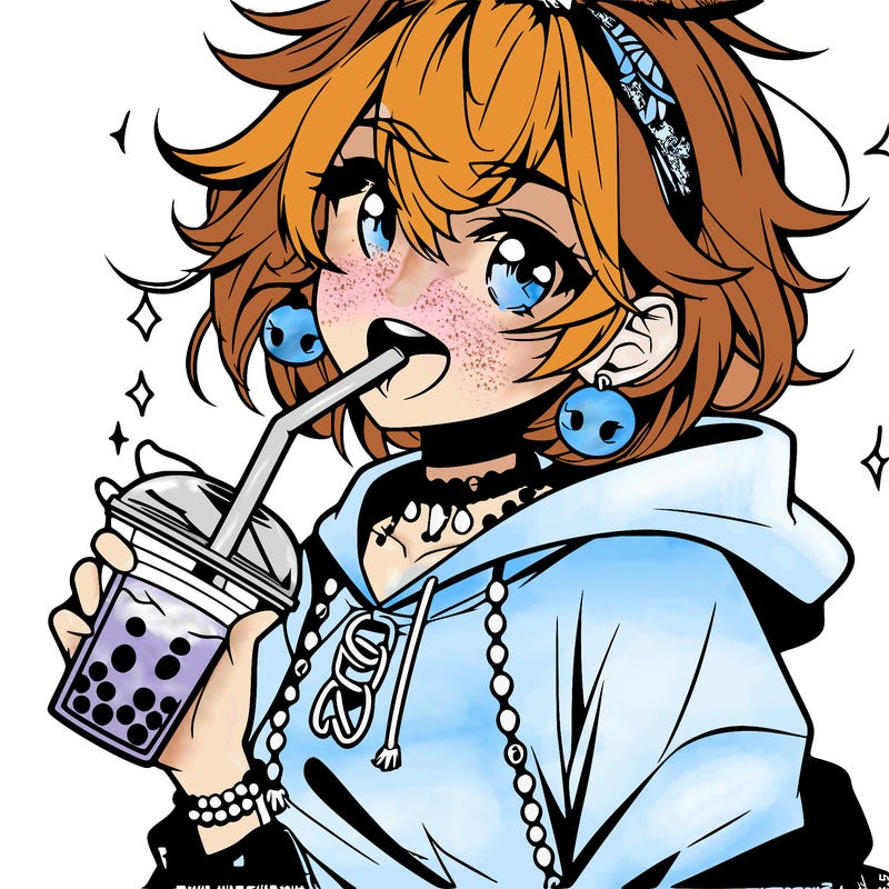 hot baddie anime girl drinking boba and biting the straw