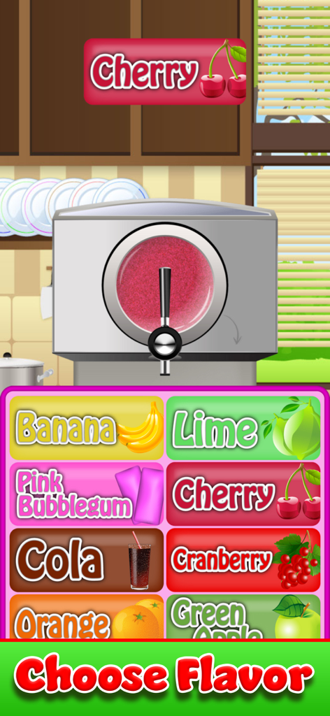 Interface de um jogo de culinária infantil mostrando uma máquina de slushy e uma variedade de opções de sabores de frutas coloridas para escolher.