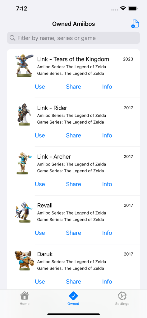 AmiiBoss - A list of owned Legend of Zelda Amiibos in the AmiiBoss app showing Link and Revali