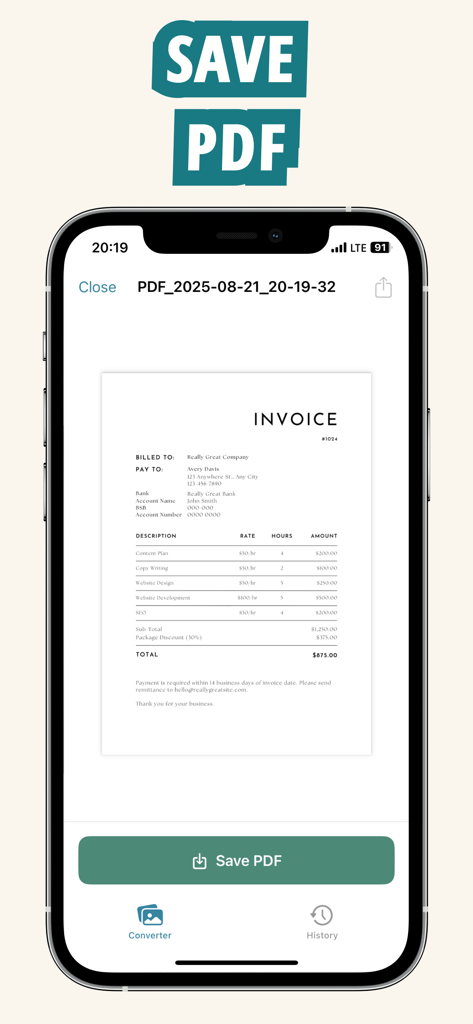 Convert Picture to PDF Img2PDF - Pantalla de la aplicación de iPhone que muestra una vista previa escaneada de una factura comercial con un botón para guardar en PDF