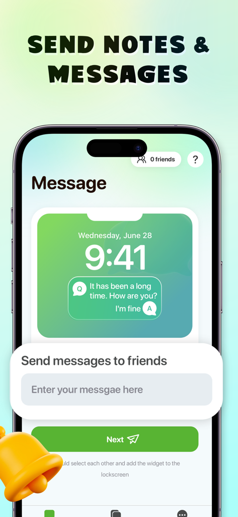 WidgyPal - Live Notes Widgets - Smartphone screen showing the WidgyPal app interface for sending notes and messages to a friend's lock screen widget.
