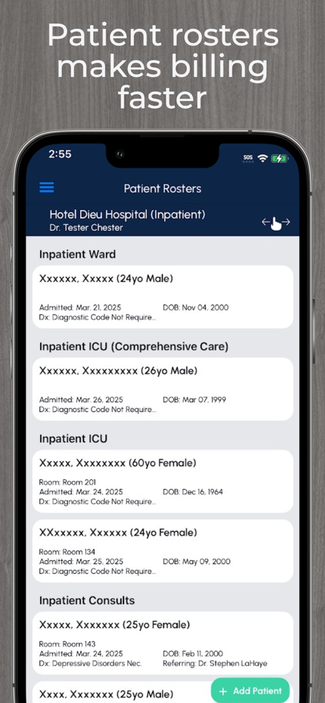 CabMD - Interface of the CabMD app showing a patient roster list for a hospital to facilitate faster medical billing